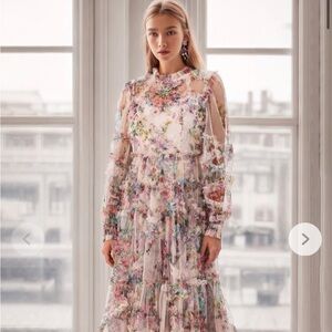 NWOT Bella Barnett Winona Print Tulle Mesh Pink Floral Long Sleeve Maxi Dress